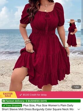 SHEIN Burgundy Square Neck Tiered Midi Dress
